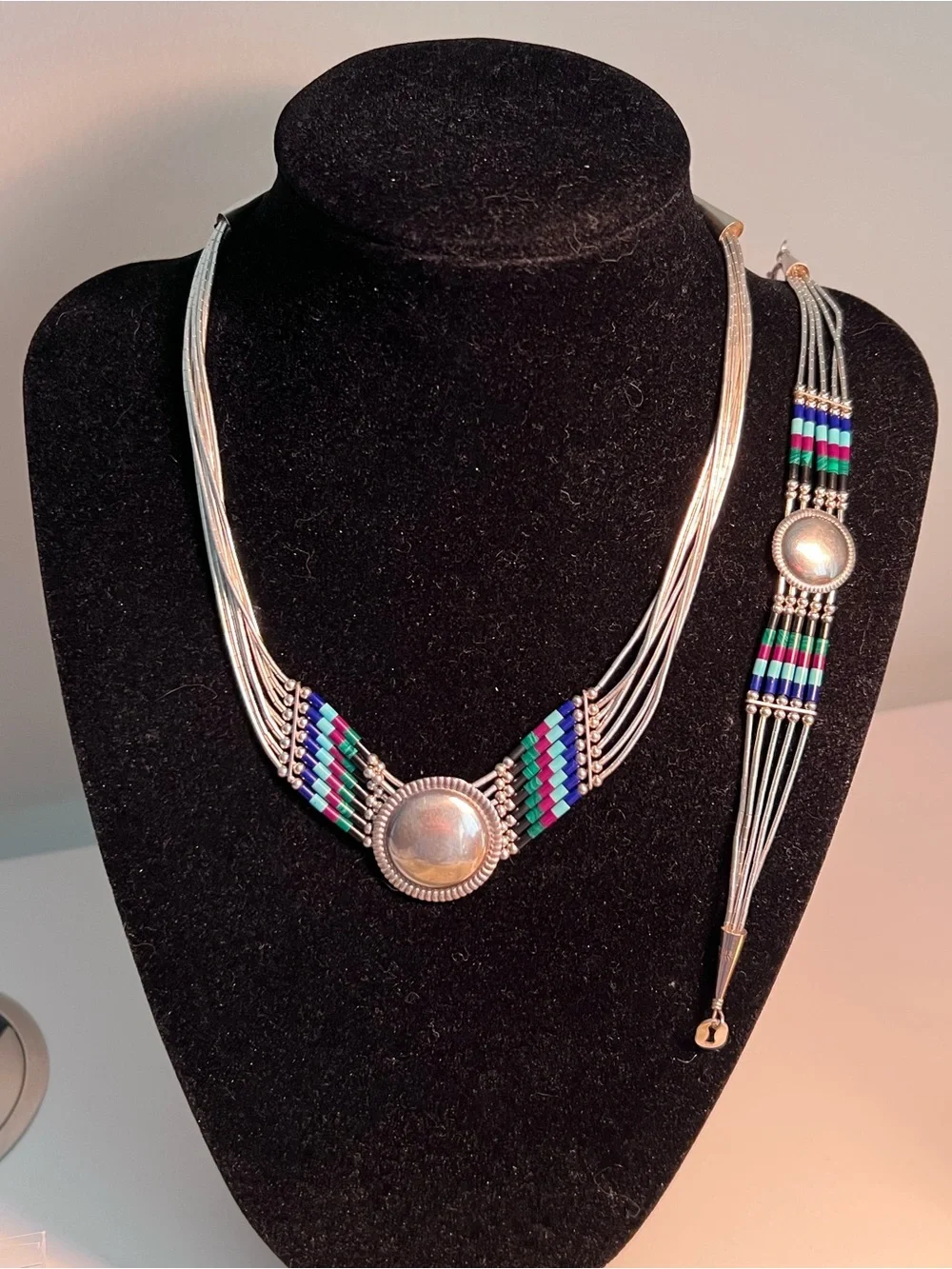 925 Sterling Navajo Multi-Strand Beaded Liquid Silver Necklace Bracelet Set